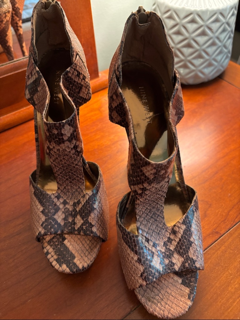 Nine West Brown Snake-Print Cutout Peep-Toe Heels